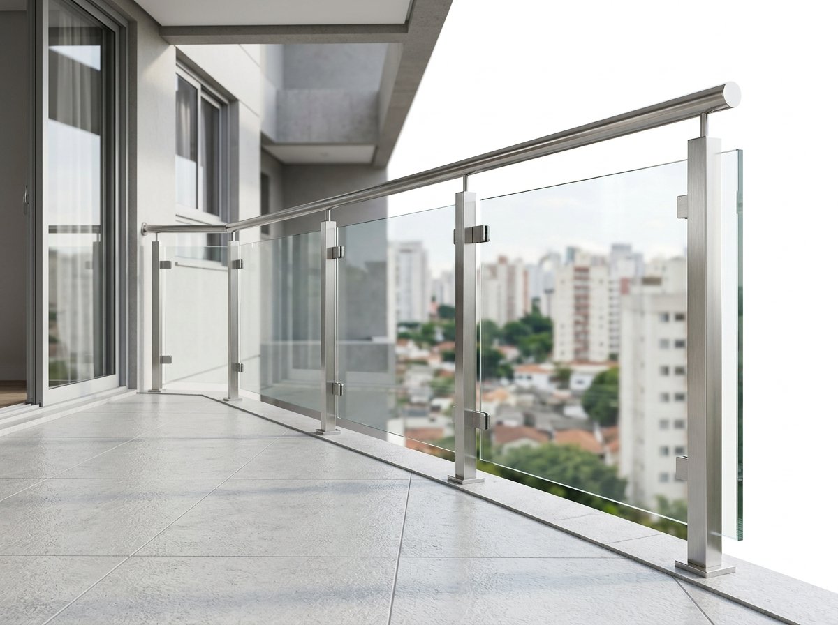 Guarda-Corpo com Torres em Inox e Vidro Laminado 10mm